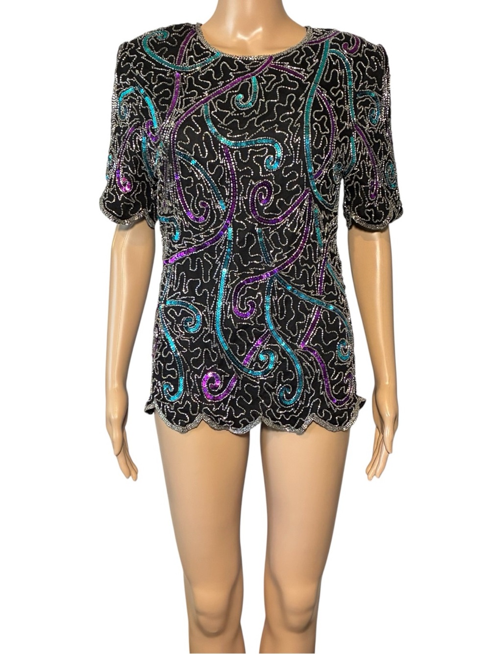 Scala Women’s Silk Beaded Blouse Size S Black Sequin Evening Top Formal Party